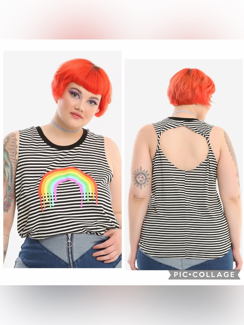 Hot Topic Black & White Striped Dripping Rainbow Tank Top EUC Medium